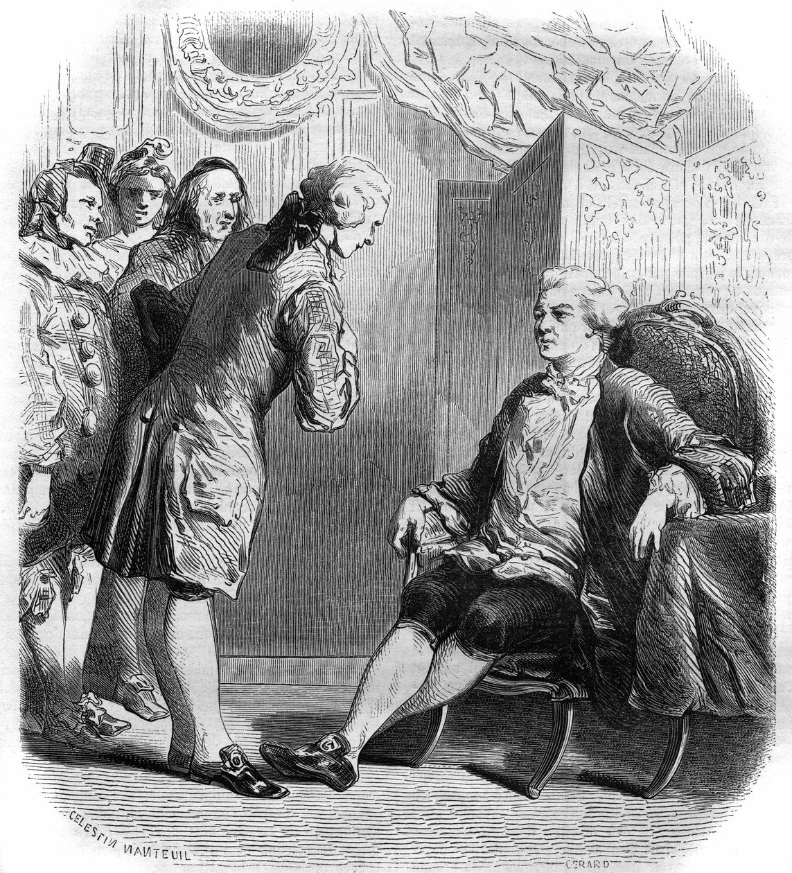 Puysieulx márki Philippe Nericault Destouches-t (1680-1754) és utazó komikusait fogadja. Metszet 1858-1859. alkotó: French School