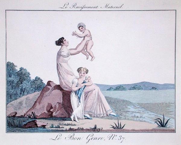 Az anyai elragadtatás, a "Le Bon Genre" 37. számából, 1810 körül (színes metszet). alkotó: French School