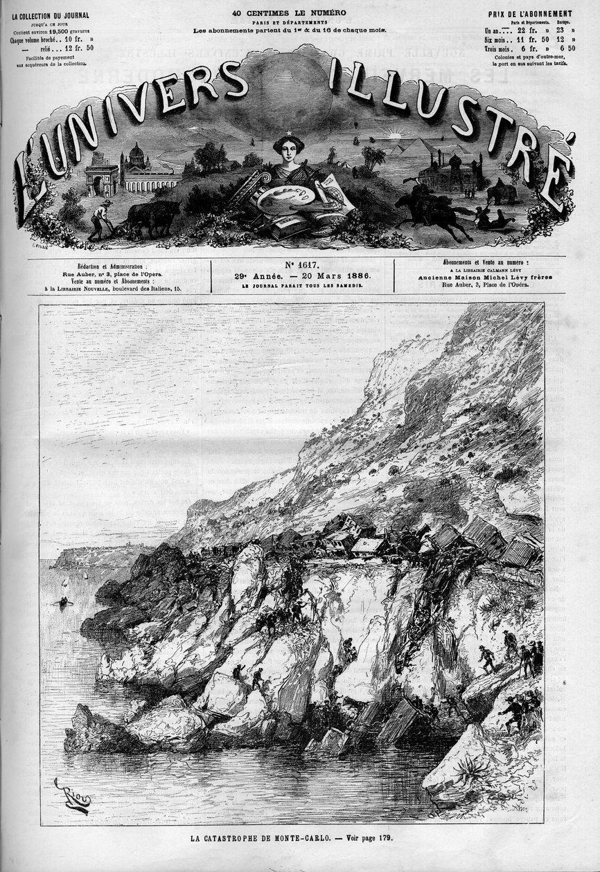 Monte Carlo (Monte-Carlo) katasztrófa: vonatbaleset a part menti vasútvonalon. Egy újság. Metszet a „” Le Monde Illustré”-ben alkotó: French School