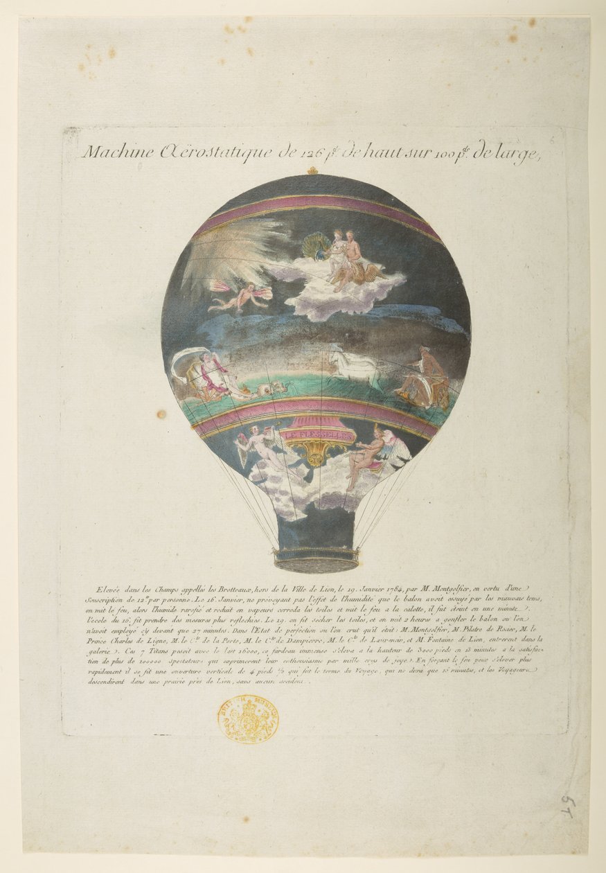 Montgolfier léggömb „dicsőséges klasszikus referenciákkal”, Machine Aerostatique de 126 pt de haut sur 100pt de large (színes gravírozás) alkotó: French School