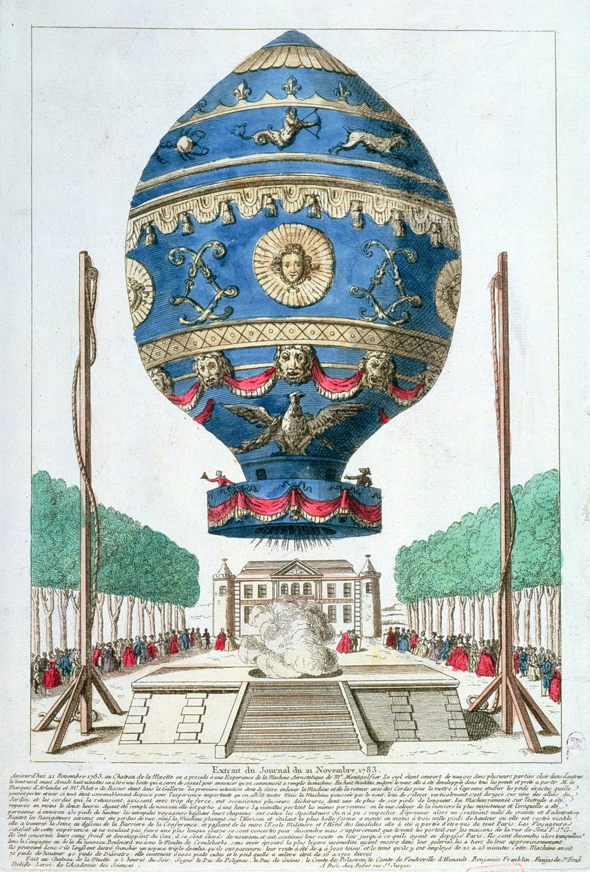 A Montgolfier testvérek léggömbkísérlete a Chateau de la Muette-ben, 1783. november 21. alkotó: French School