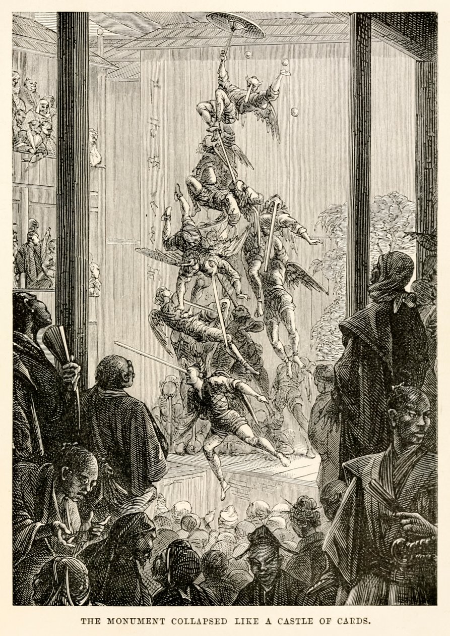 Az emlékmű kártyavárként omlott össze Jules Verne (1828-1905) „Nyolcvan nap alatt a világ körül” című művéből. alkotó: French School