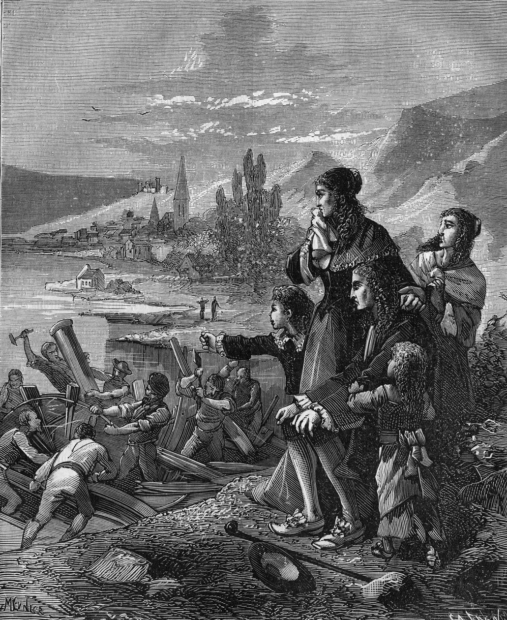 A munden tengerészek megsemmisítették Denis Papin (1647-1712), francia fizikus és feltaláló „gőzhajóját”. alkotó: French School