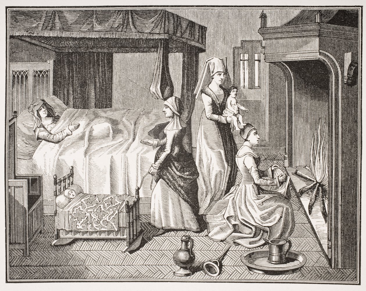 Az újszülött gyermek, Paul Lacroix (1806-84) 1847-ben megjelent "Histoire de la Belle Helaine" című művének 15. századi miniatúrája után. alkotó: French School