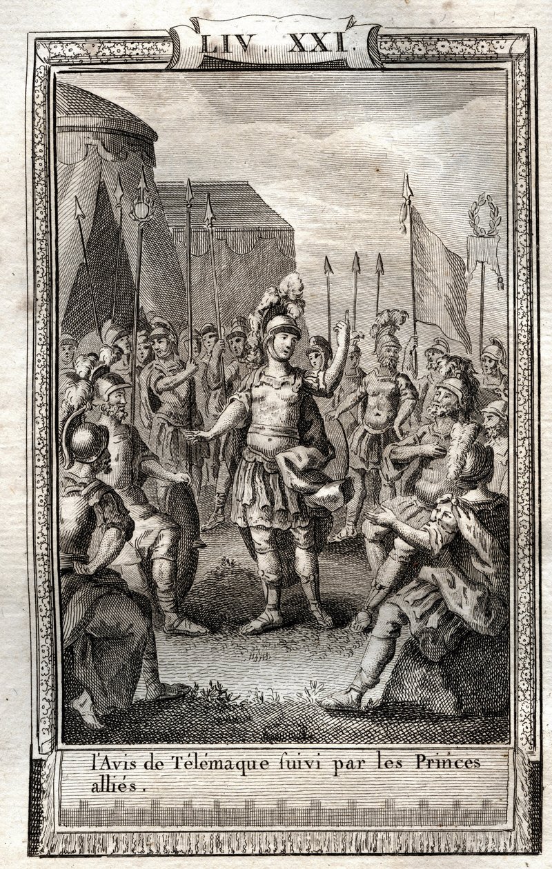 A Telemaque értesítése, majd a szövetséges hercegek - 1798-as metszet Monnet után a „Les Aventures de Telemaque, fils d
