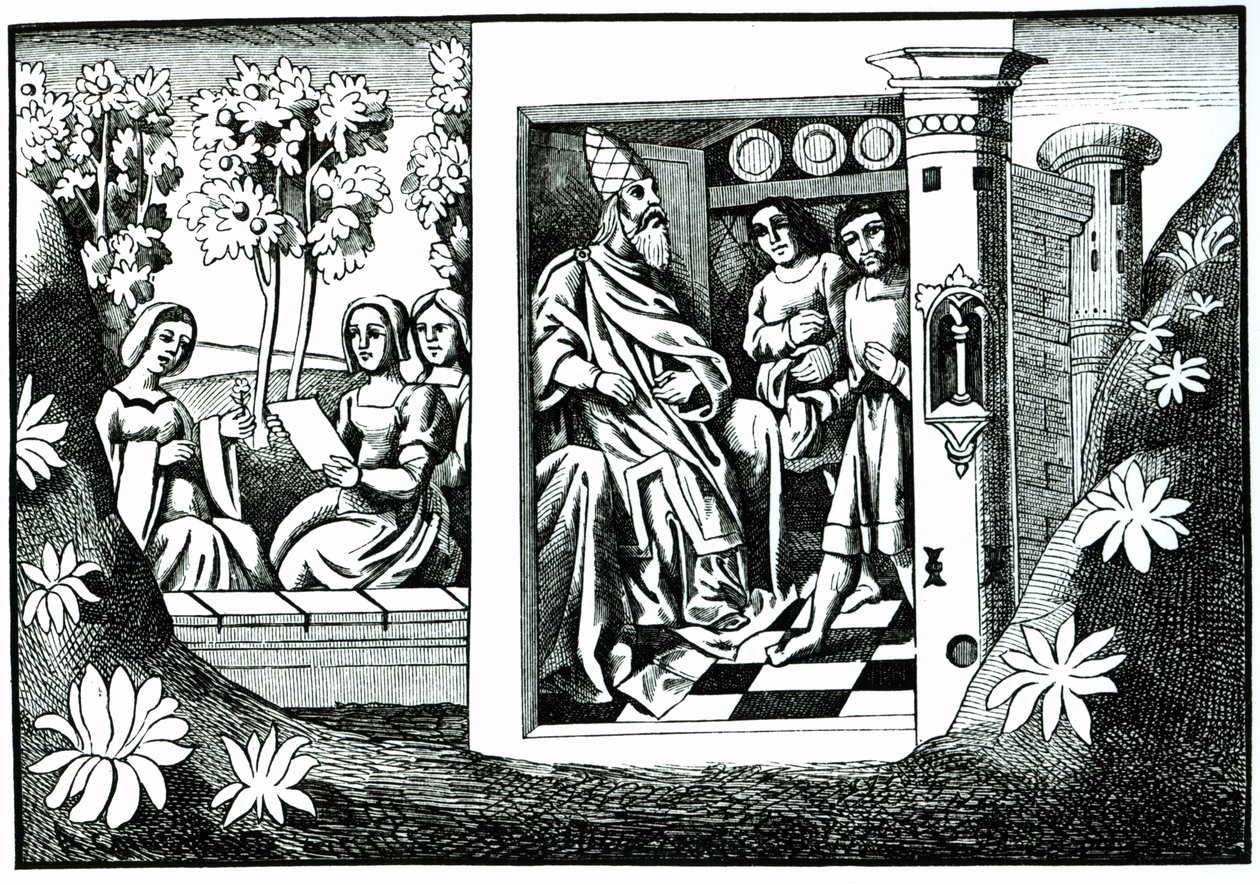 A Hegyi Öreg, aki parancsokat ad követőinek Marco Polo utazásaiból, amelyet Albert Coinchon (†1871) másolt az eredeti kéziratból alkotó: French School