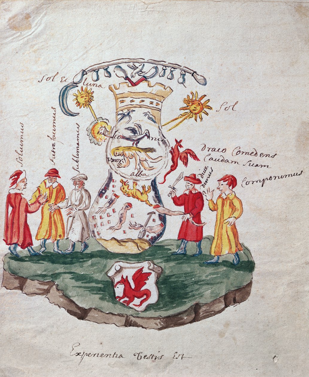 Az alkímia műveletei, illusztráció a La Cle de la Grande Tudomány az ismeretlen filozófiai munkáról (tinta és wc papíron) alkotó: French School