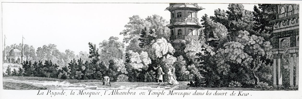 A Pagoda, a mecset és az Alhambra vagy mór templom Kew-ben, a Jardins Anglo-Chinois a la Mode-ból, George Louis le Rouge, megjelent 1775-78 alkotó: French School