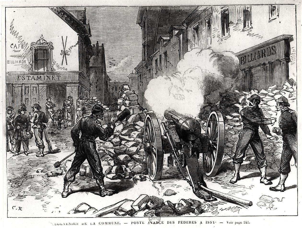 A Párizsi Kommün: Barikád Issyben, 1871. május 2. (metszet) (bw fotó) alkotó: French School