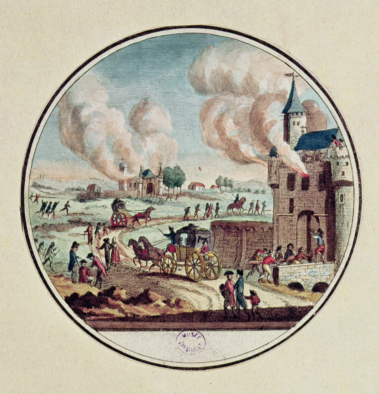 A kastélyok kifosztása és lerombolása, valamint a hercegek és udvaroncok kivándorlása 1789 júliusában (színes metszet) alkotó: French School