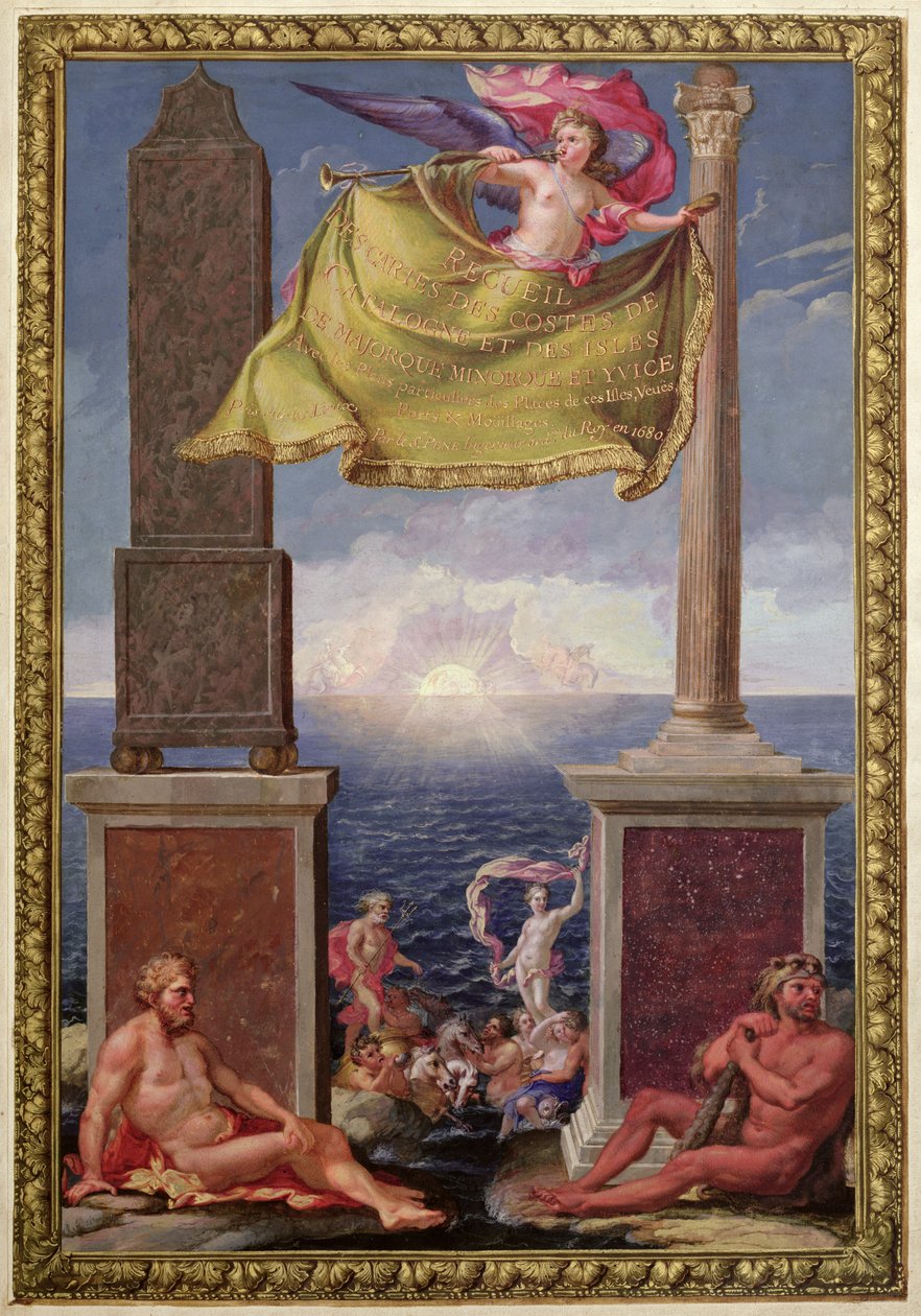 Herkules oszlopai, Pene Katalónia és a Baleár-szigetek térképgyűjteményének előlapja, 1680 (színes metszet) alkotó: French School