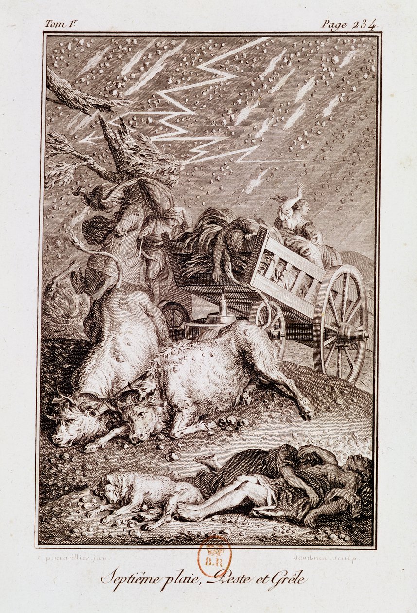 Egyiptom csapásai: A beteg szarvasmarhák csapásai, kelések és jégeső, Isaac Lemaistre de Sacy (1613-84) „Bibliájából” alkotó: French School