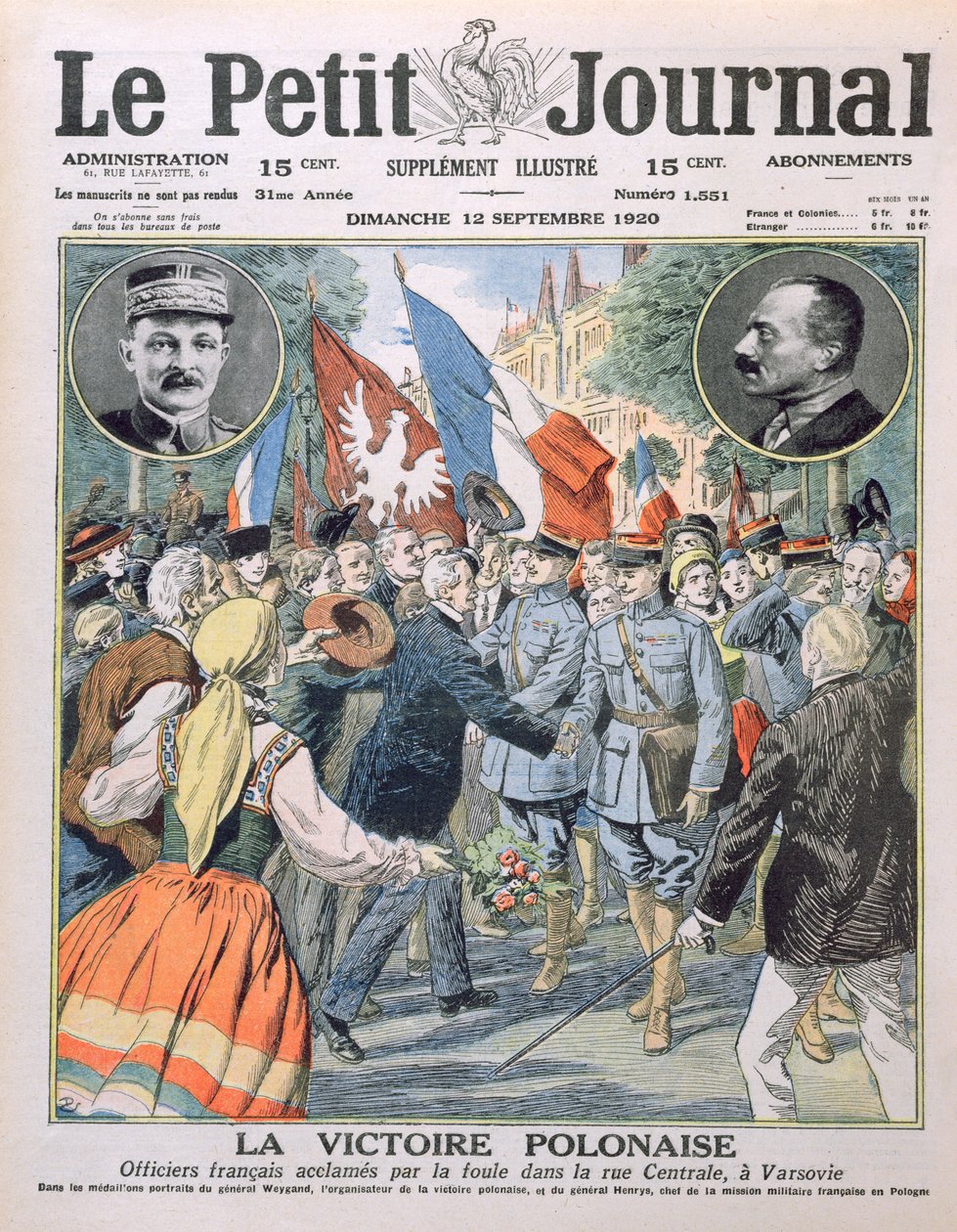 A lengyel győzelem, a francia tisztek elismerése a varsói Central Streeten, a Le Petit Journal címlapillusztrációja, 1920. szeptember 12. alkotó: French School