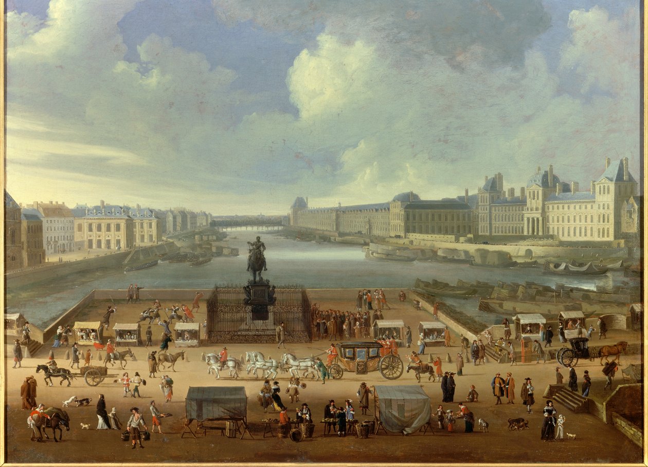 A Pont Neuf a Place Dauphine bejáratától, a Quai Malaquais, a Négy Nemzet Kollégiuma, a nagy galéria és a Louvre. Névtelen festmény alkotó: French School