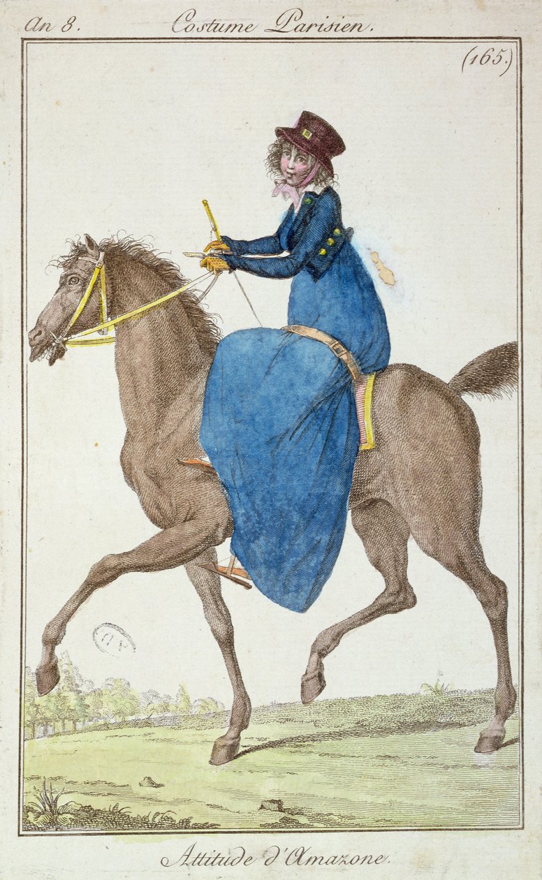 The Pose of the Amazon, divatlap a Costumes Parisiens-ből, 1800 alkotó: French School