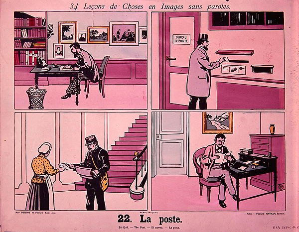 "A posta", különböző postai képeket illusztráló képsorozat egy francia iskolai tankönyvből, kiadta Fernand Nathan, 1914 előtt (színes litográfia) alkotó: French School