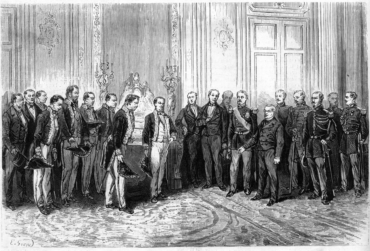 A Francia Köztársaság elnöke, Adolphe Thiers (1797-1877) fogadta japán nagyköveteket az Elysee-palotában. Metszet a „” Le Monde Illustré”” 821. számban, január 4 alkotó: French School
