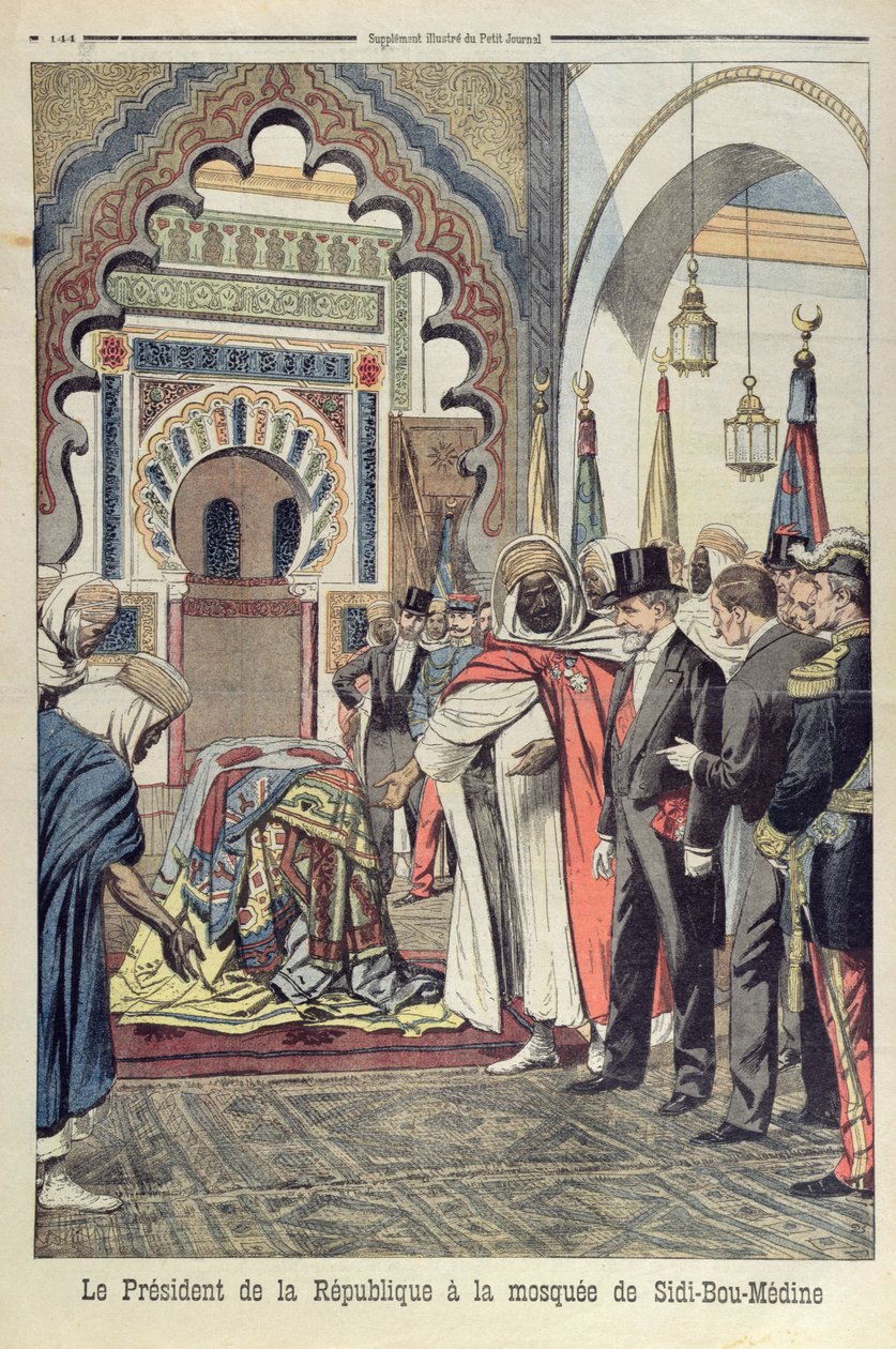 A Francia Köztársaság elnöke, Emile Loubet (1838-1929) meglátogatja a Sidi Bou Medine mecsetet, Tlemcen, Algéria, illusztráció a Le Petit Journalból, 1903. május 3. alkotó: French School