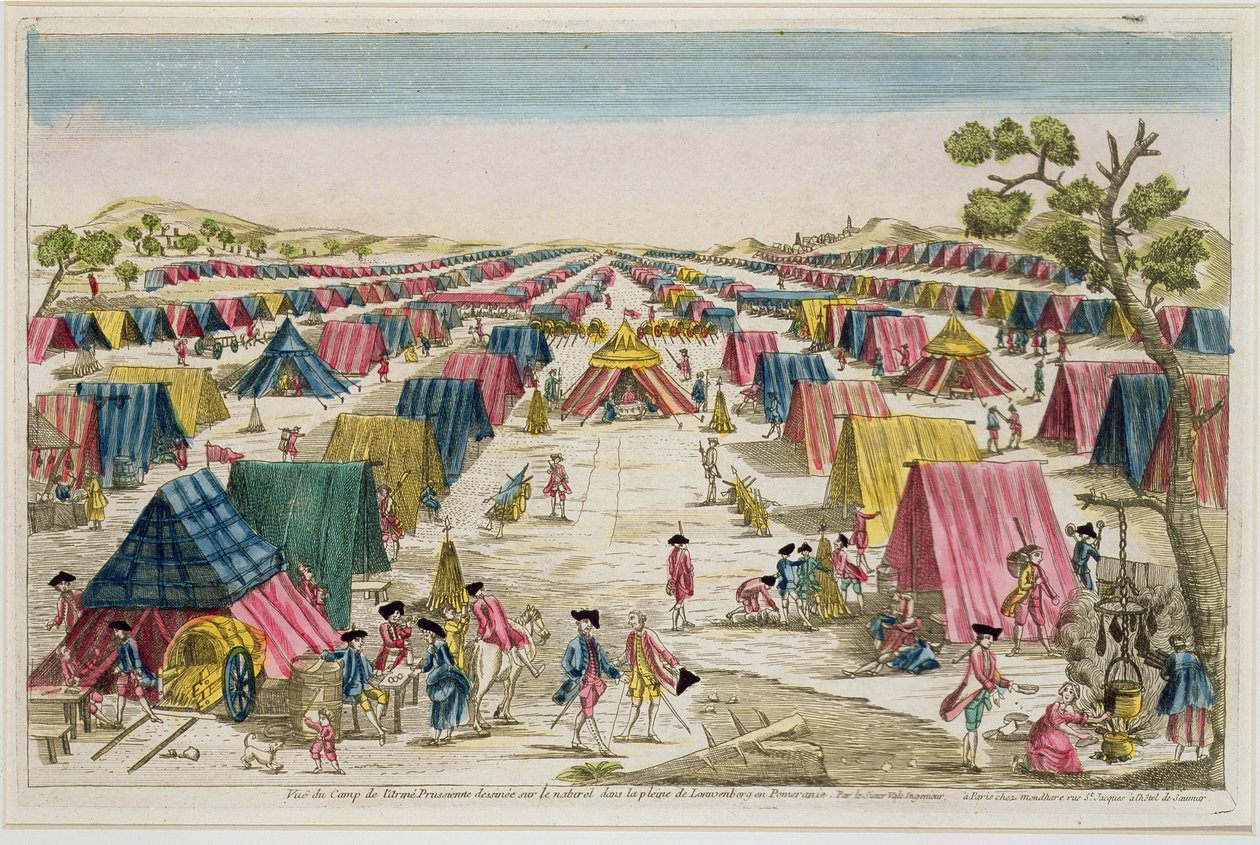 A porosz hadsereg tábora, az Élet a pomerániai mezőkön, vésette Vale, 1750 körül (kézzel színezett metszet) alkotó: French School