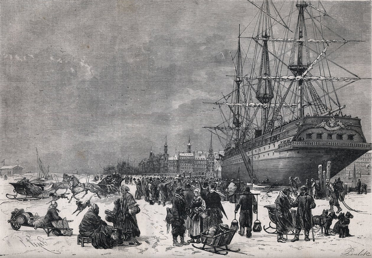 A „Teutonia” porosz hajó Hamburg kikötőjében, Németországban. Az 1870-es háborúban francia katonákat tartottak fogságban. Metszet az 1871. július 8-i „” Le Monde Illustré”” 743. sz. alkotó: French School