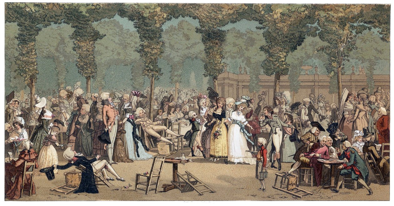 A nyilvános sétány a párizsi Palais Royalban, Philibert-Louis (Philibert Louis) Debucourt (1755-1832) alkotó: French School