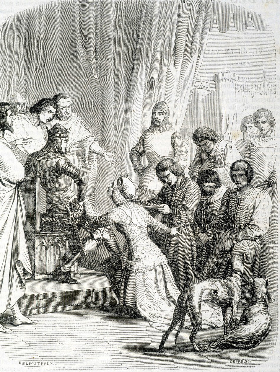 Anglia királynője (Philippa de Hainaut) köszönetet kér férjének, III. Edwardnak Calais lakóiért (a 6 calais-i burzsoá epizódja) alkotó: French School