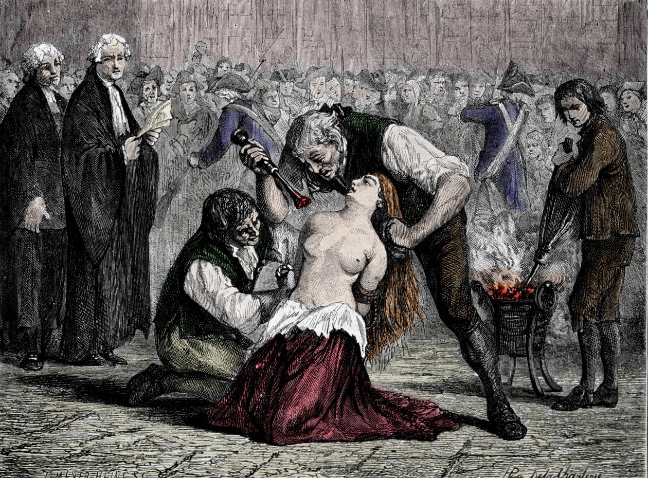 A királynő nyaklánc-ügye: Madame de la Motte gyötrelme (1756-1791). Miután megpróbálta lejáratni a nyakláncot, amelyet a királynő visszautasított, zászlósra ítélték, vasal jelölték meg, és bezárták a Salpetriere-be. alkotó: French School