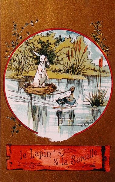 A nyúl és a kékeszöld, illusztrált kártya, amely Jean de la Fontaine (1621-95) meséjét ábrázolja 1880 körül alkotó: French School