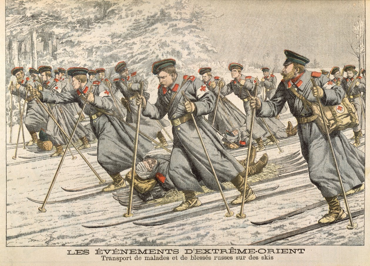 A Vöröskereszt, amely sérült oroszokat szállított síléceken az orosz-japán háborúban (1904-05) a Le Petit Journalból, 1904 körül alkotó: French School