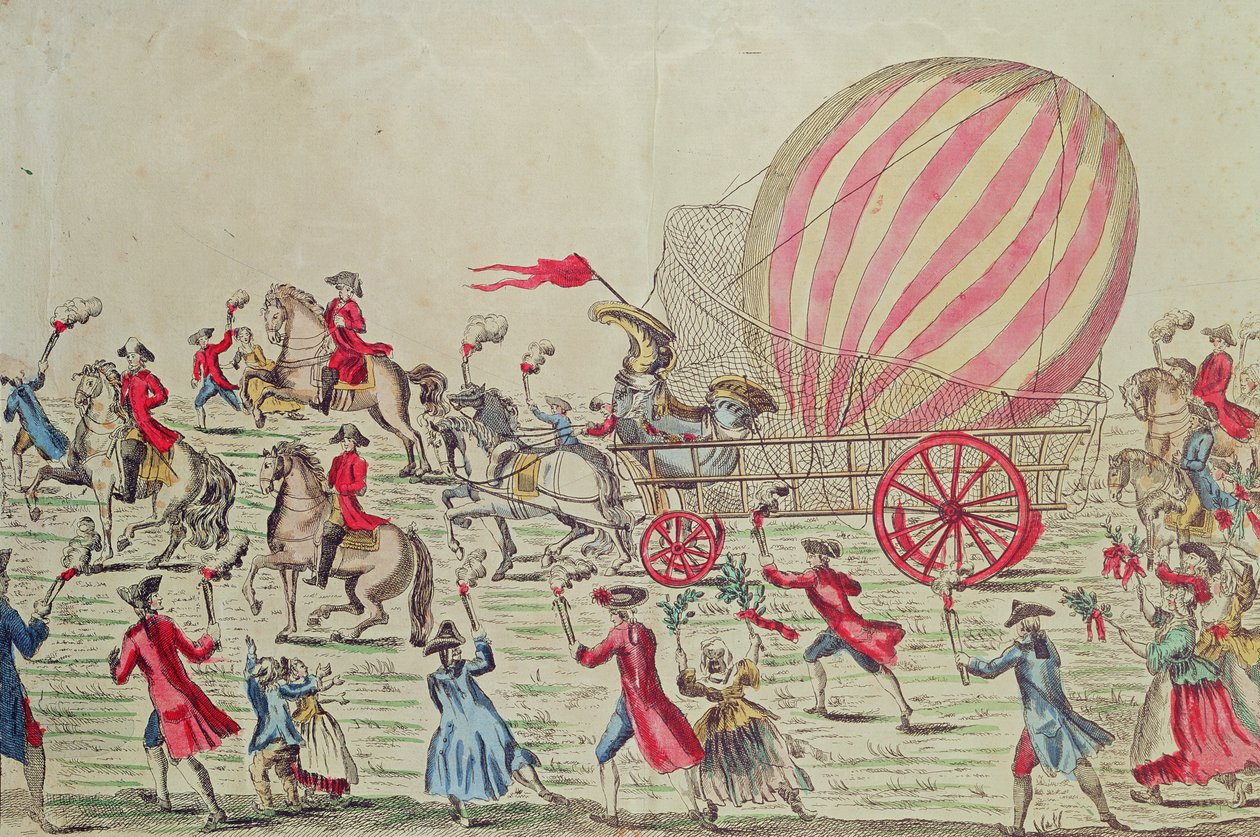 A hőlégballon visszatérése Párizsba, a Montgolfier testvérek Champ de Mars-i kísérlete után, 1783. december 2. alkotó: French School
