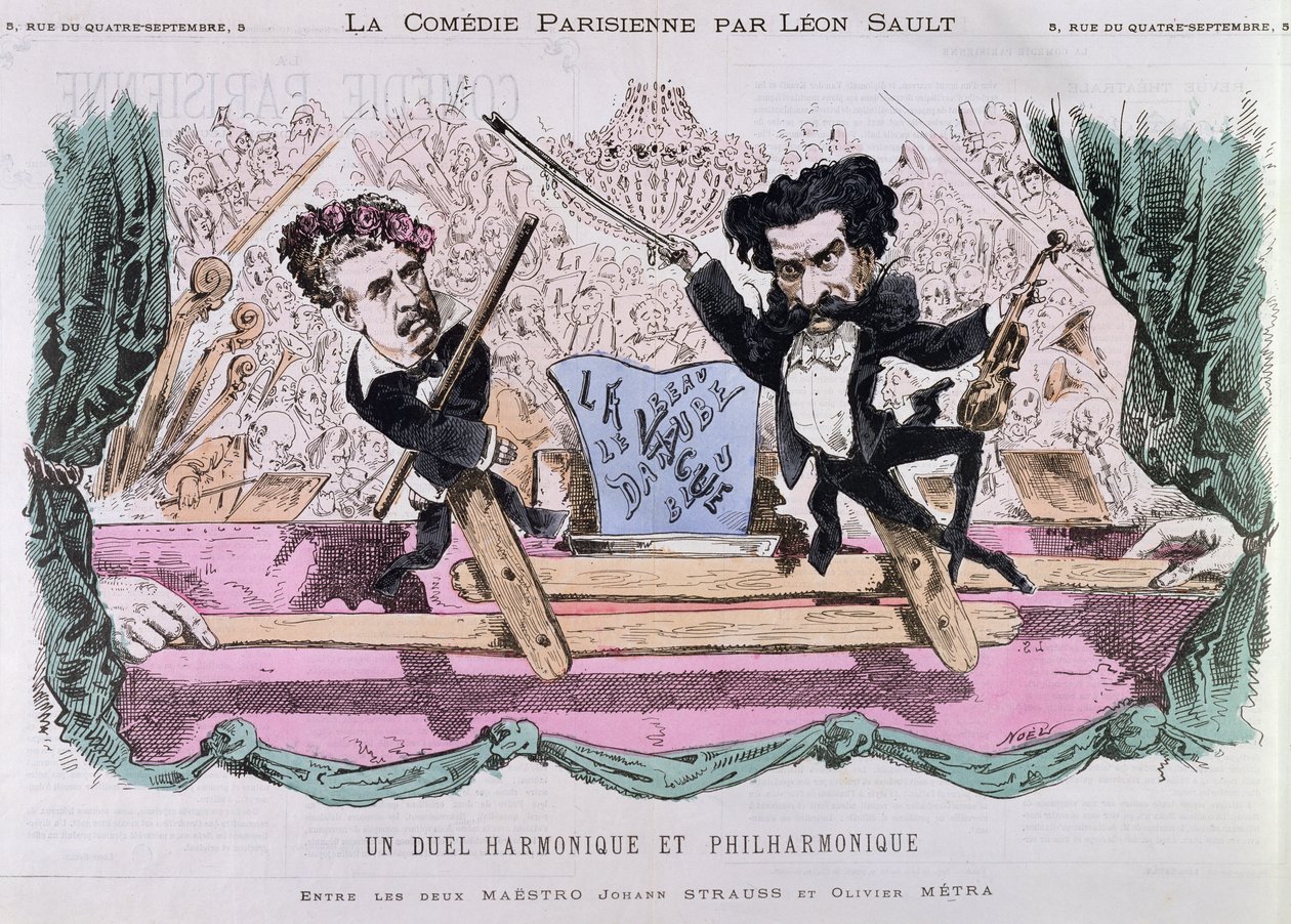 A keringők rivális zeneszerzői, Johann Strauss ifjabb (1825-99) és Olivier Metra (1830-89), 1870 körül alkotó: French School
