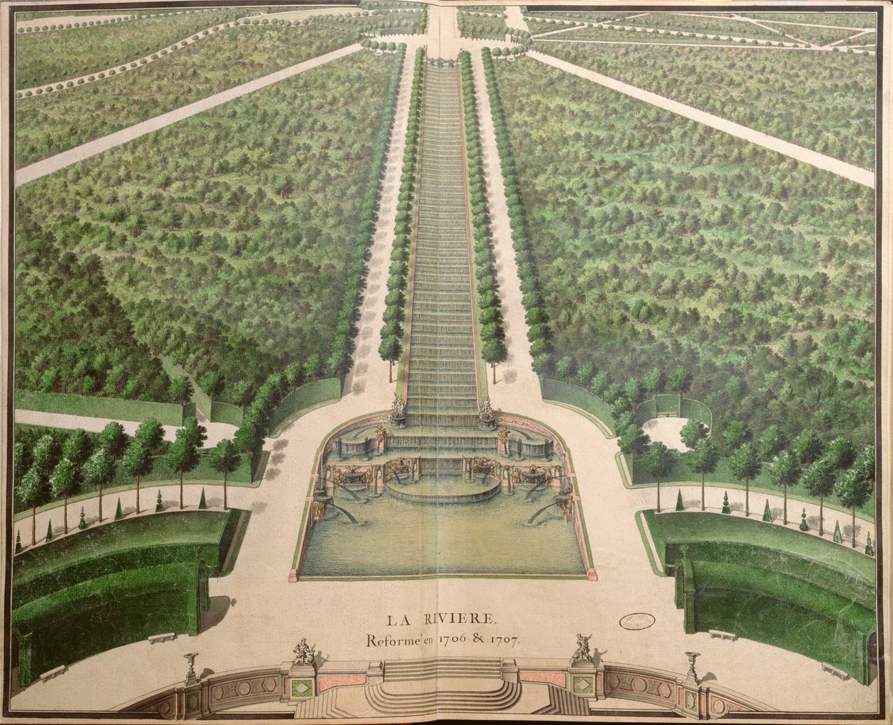A folyó, amelyet 1706-07 között alakítottak át a "Gardens of Marly"-ból, a 18. század elején alkotó: French School