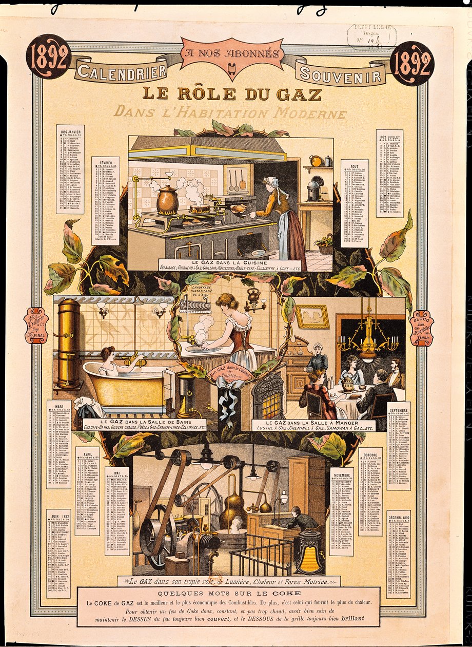 A gáz szerepe a modern házakban, a French Gas Company naptárából, 1892 alkotó: French School