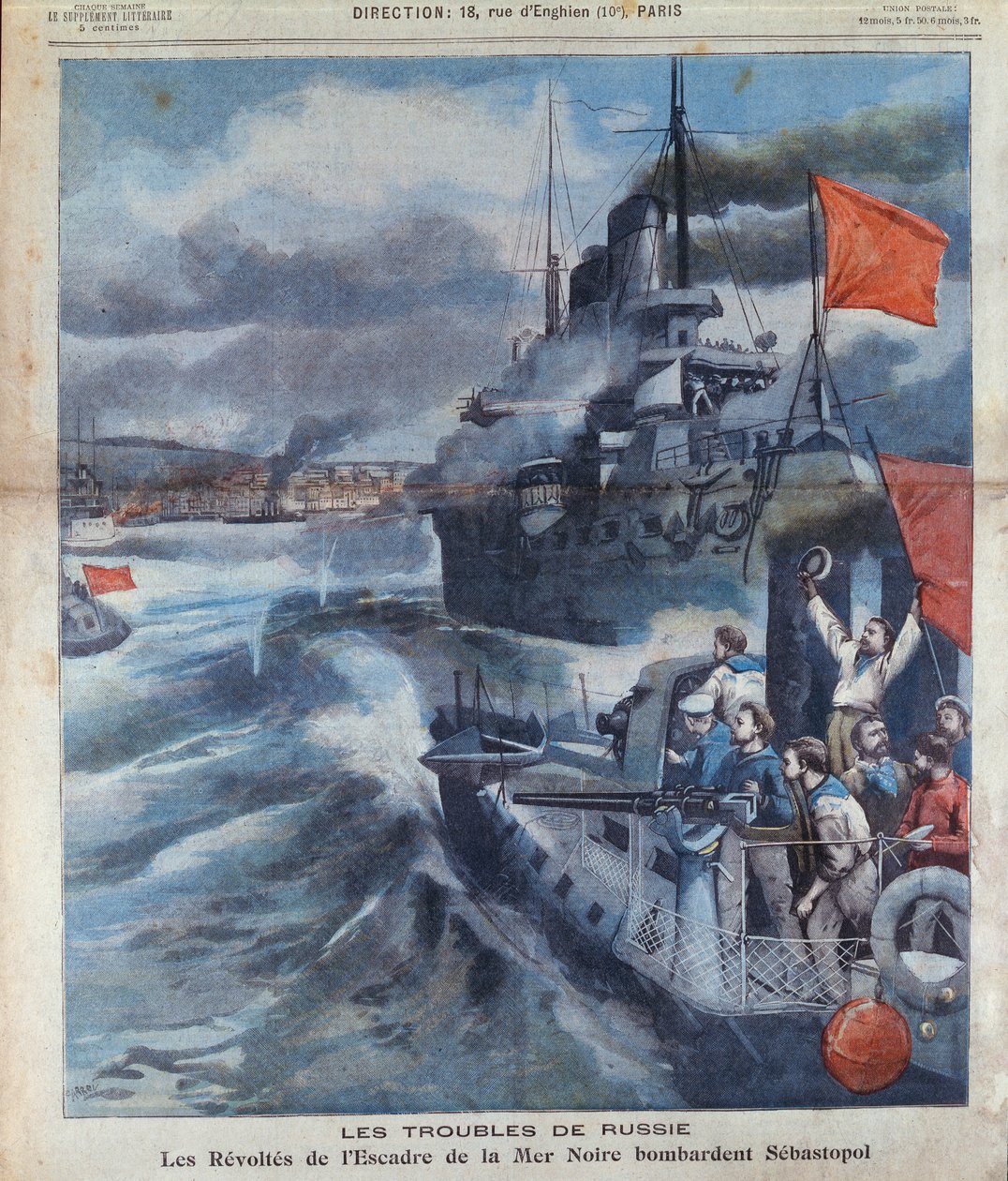 Az orosz lázadás a Fekete-tengeren és Sebastopol bombázása, illusztráció a Le Petit Parisienből, 1905 alkotó: French School