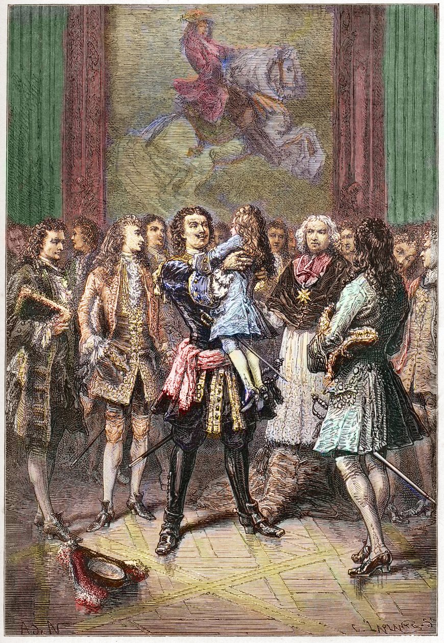 I. Nagy Péter orosz cár (1672-1725) XV. Lajos királyt a karjában tartja Versailles-ban 1717-ben - I. PÉTER (1672-1725) orosz cár alkotó: French School