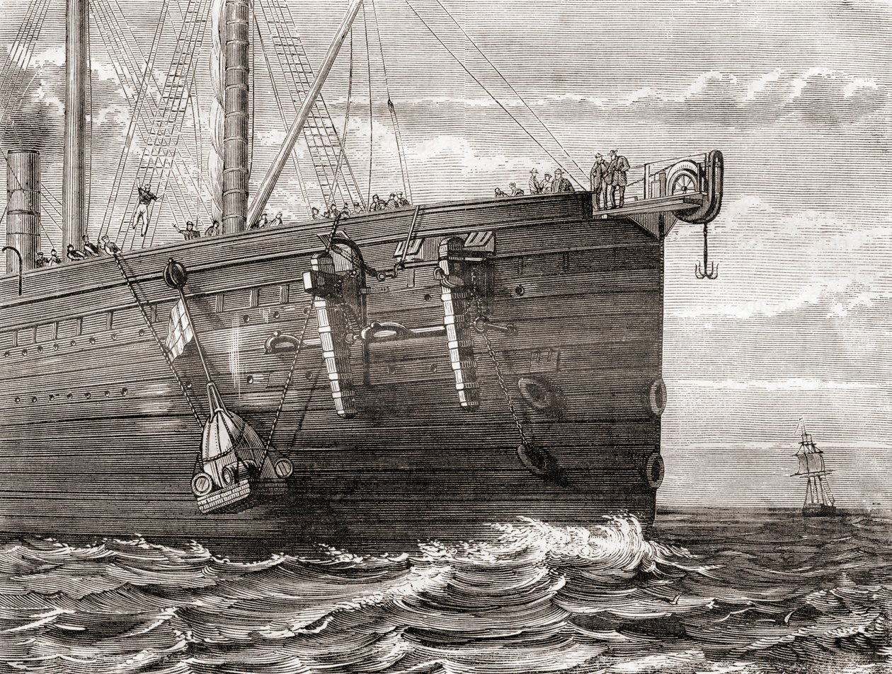 Az S.S Great Eastern egy bóját bocsát a tengerbe, hogy megjelölje egy elveszett transzatlanti távírókábel helyét alkotó: French School