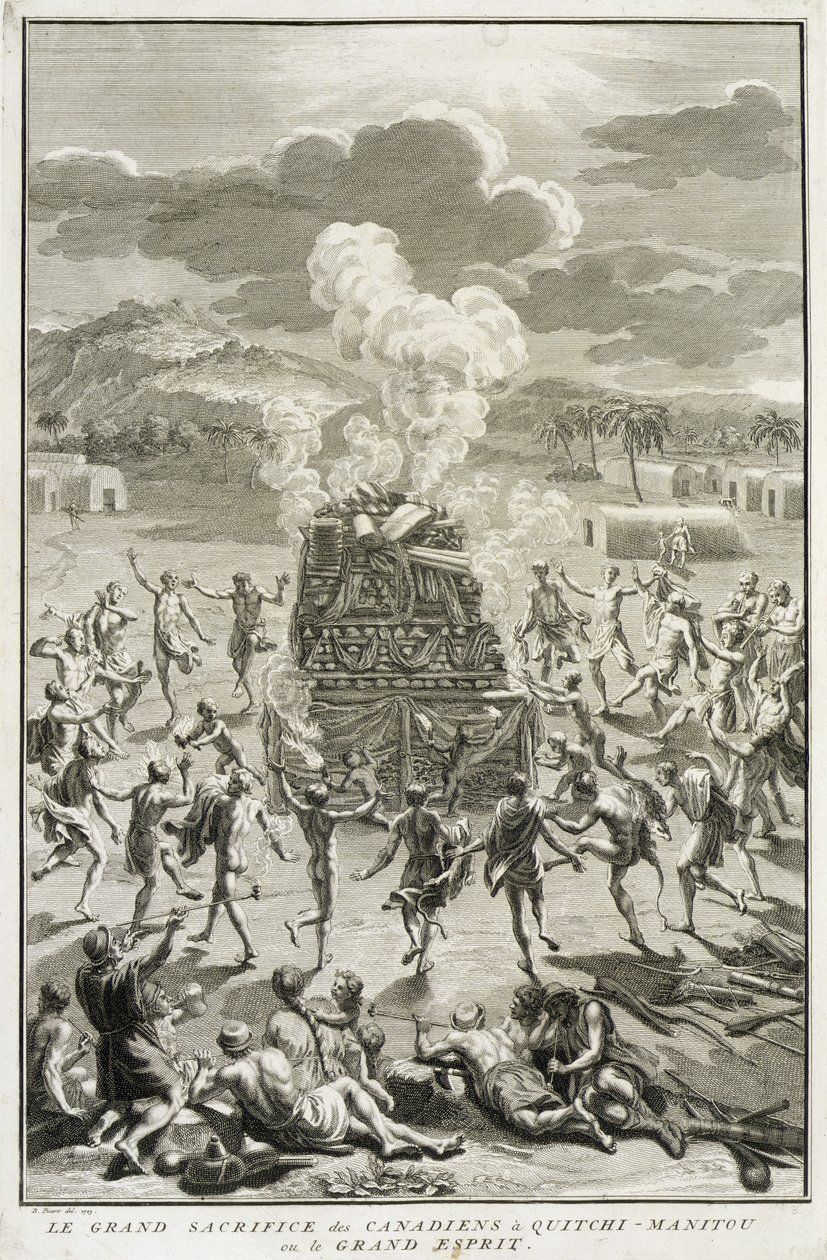 A kanadaiak áldozata Quitchi-Manitounak, vagy a Nagy Szellem, illusztráció a vallási szertartásokból és szokásokból, metszett: Bernard Picart (1673-1733) 1723 alkotó: French School