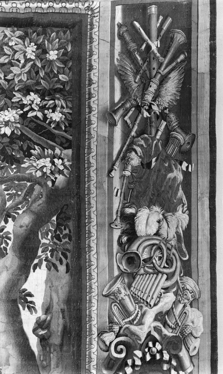 The Seasons gobelin, szegély, hangszerek, 1670 körül, Gobelins Factory (részlet) alkotó: French School