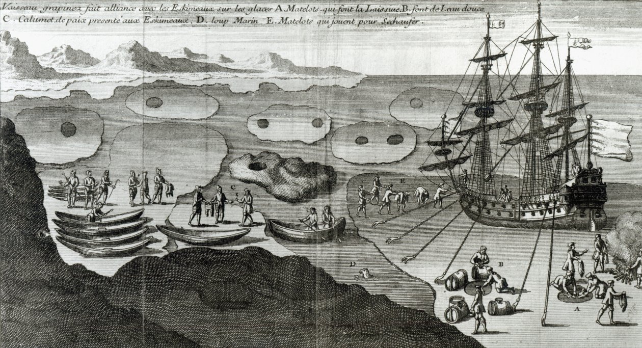 A hajó szövetséget köt az eszkimókkal, Bacqueville de La Potherie (1663-1736) 1753-ban kiadott "Histoire de l
