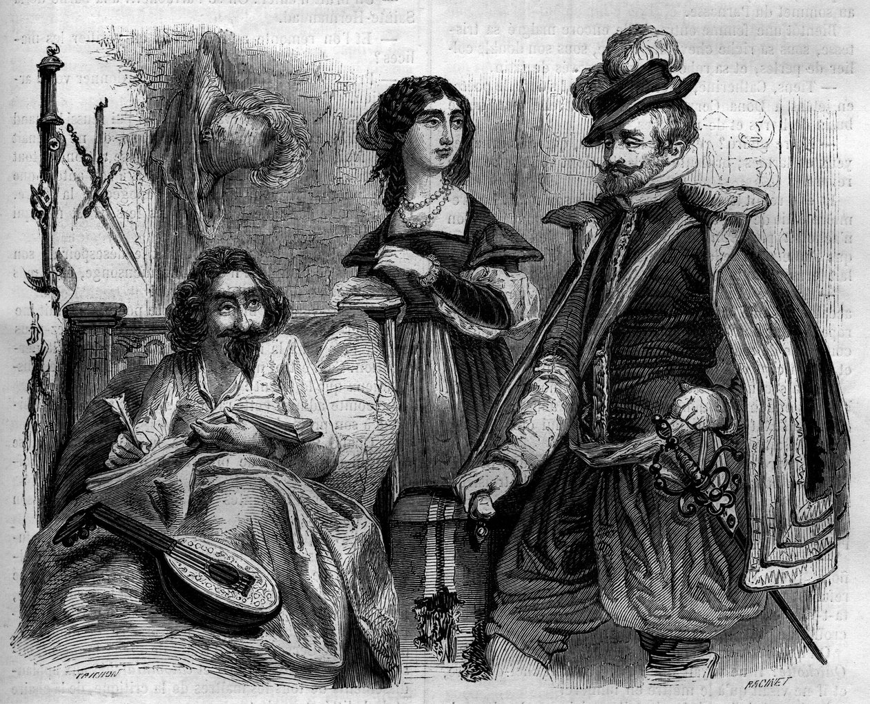 Miguel de Cervantes Saavedra (1547-1616) spanyol író 1614-ben otthon veszi körül feleségét és Lemos grófját. Metszet 1852-ből. alkotó: French School