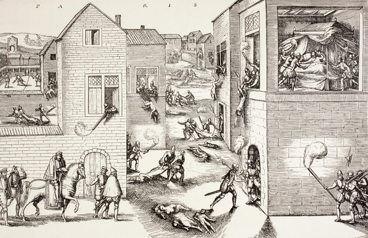 A Szent Bertalan napi mészárlás, 1572. augusztus, Paul Lacroix „Katonai és vallási élet a középkorban” című művéből, London 1880 körül. alkotó: French School