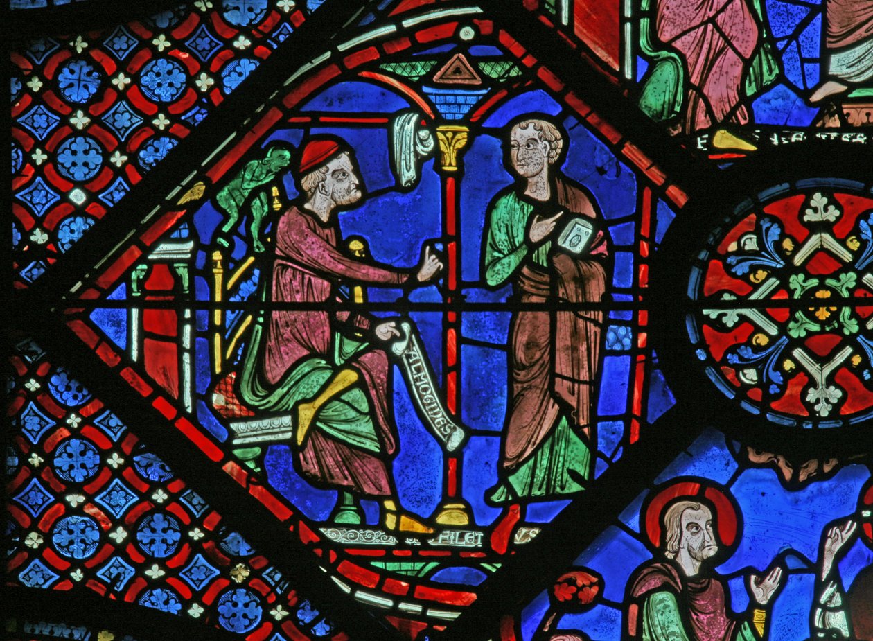 A Szent Jakab ablak: A bűvész Almoniges (Hermoniges) elküldi tanítványát Filetust Szent Jakabhoz (w5) alkotó: French School