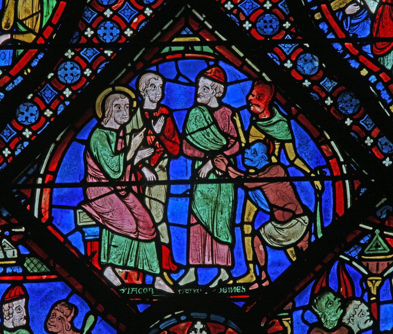 A Szent Jakab ablak: Almongenes-szel (Hermogines), Filetussal és démonokkal (w5) alkotó: French School