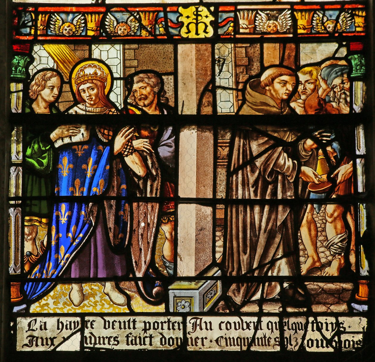 A Szent Lajos-ablak: Lajos vezeklést végez és alamizsnát ad a szerzeteseknek... alkotó: French School