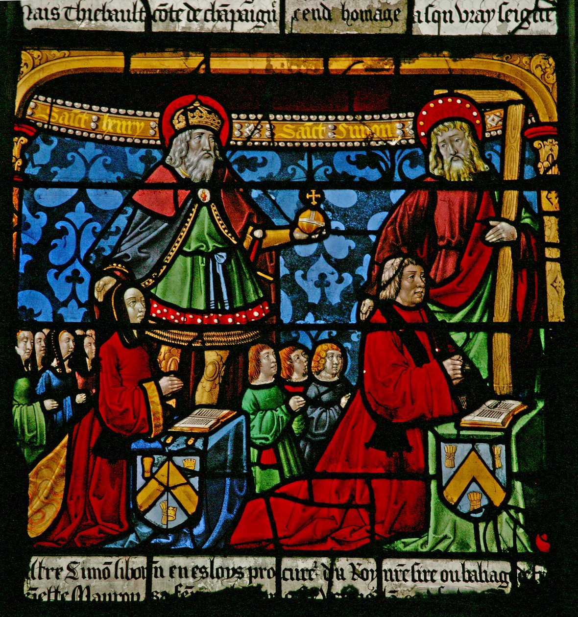 A St Louis-i ablak: Az adományozók, Henriette de Mauroy és Simon Liboron védőszentjeikkel, Cirénei Szent Henrikkel és Simonnal láthatók. alkotó: French School