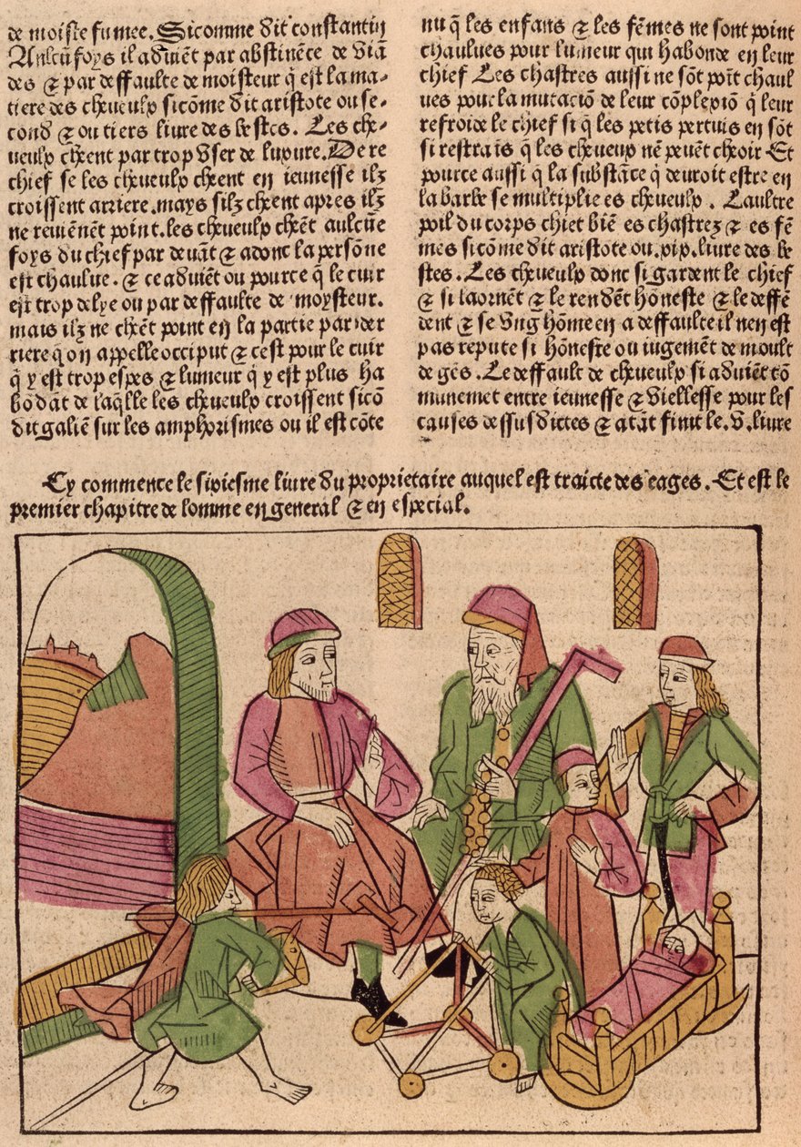 Az élet szakaszai, Barthelemy langlais Le Livre des Proprietes des Choses című művéből, 1485 (színes fametszet) alkotó: French School