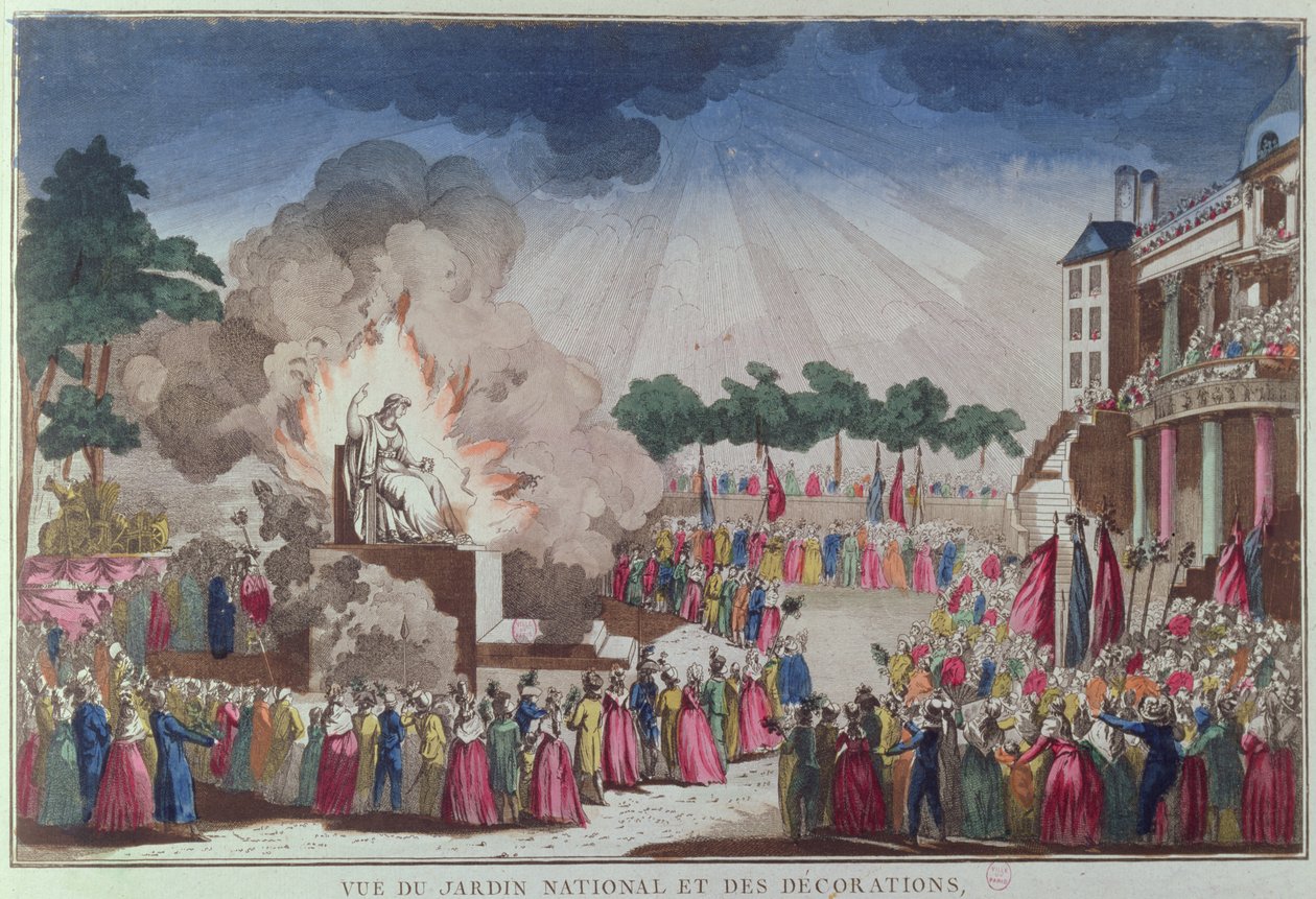 Az ateizmus szobrát lerombolják, és a Bölcsesség szobrával helyettesítik a Legfelsőbb Lény Fesztiválján, Jardin National des Decorations, Párizs, 1794. július 8. alkotó: French School