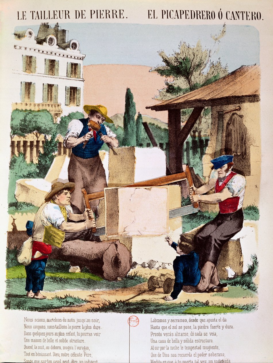A kőfaragók, illusztráció egy gyerekkönyvből, 1890 körül alkotó: French School