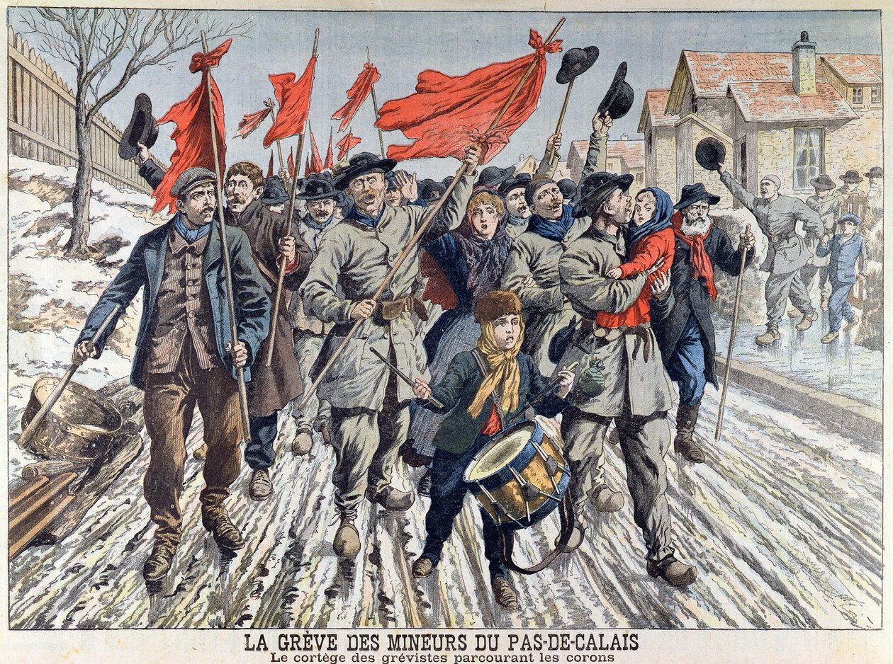 A bányászok sztrájkja Pas-de-Calais-ban, a sztrájkolók felvonulása a bányászfaluban, a Le Petit Journalból, 1906. április 1. (színes metszet) alkotó: French School