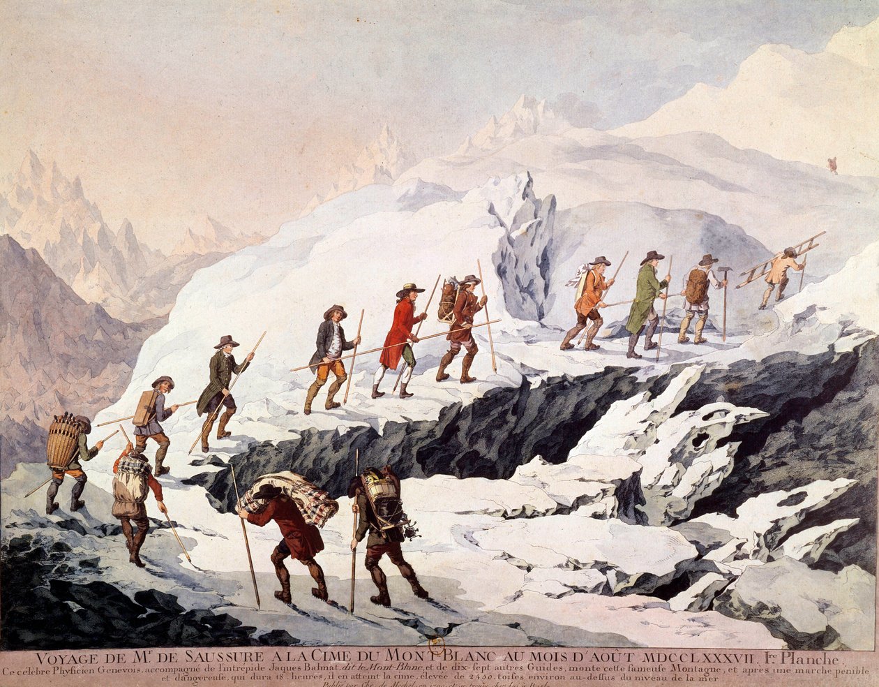 A Saussure-i Horace Benedict (Horace-Benedict) svájci természettudós (1740-1799) és a francia hegyi vezető, Jacques Balmat 1787 augusztusában másodszor is megmászta a Mont Blancot. alkotó: French School